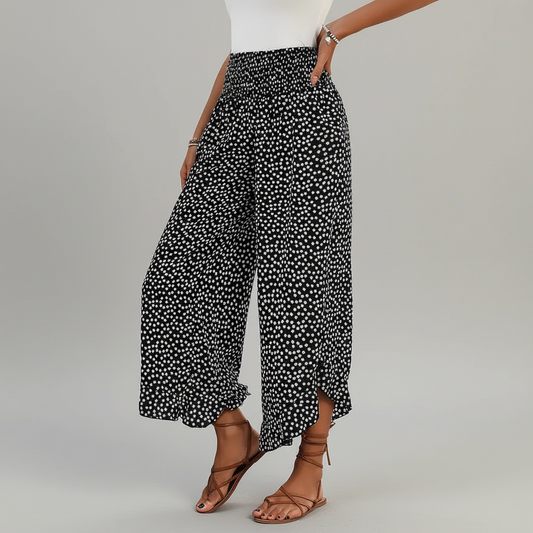 Pantalon Large Éléguant à Volants – Imprimé Pois